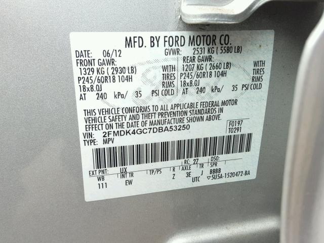 2FMDK4GC7DBA53250 - 2013 FORD EDGE SE SILVER photo 10