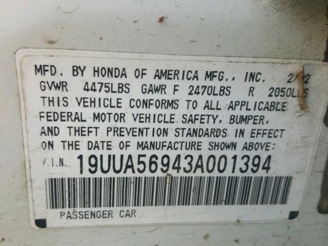 19UUA56943A001394 - 2003 ACURA 3.2TL TYPE WHITE photo 10