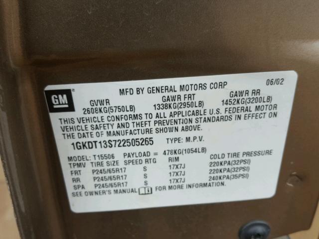 1GKDT13S722505265 - 2002 GMC ENVOY BEIGE photo 10