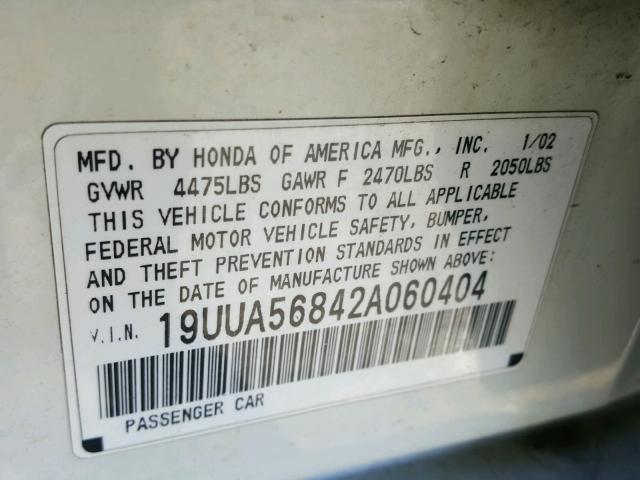 19UUA56842A060404 - 2002 ACURA 3.2TL TYPE WHITE photo 10