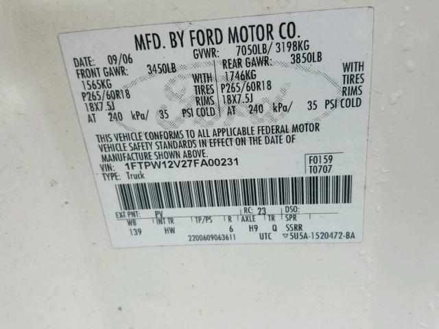 1FTPW12V27FA00231 - 2007 FORD F150 SUPER CREAM photo 10