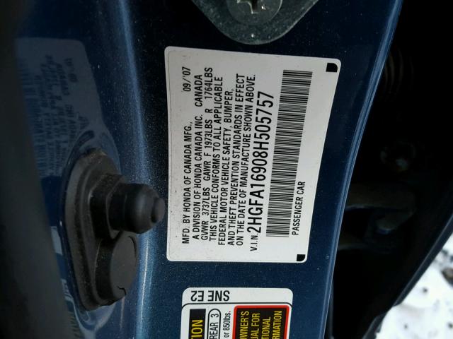 2HGFA16908H505757 - 2008 HONDA CIVIC EXL BLUE photo 10