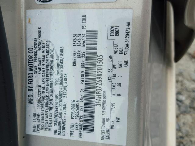 3FAHP07Z69R201505 - 2009 FORD FUSION SE GOLD photo 10