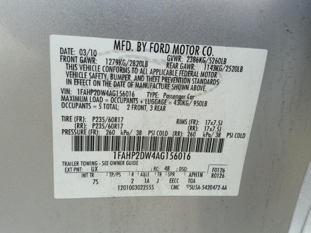 1FAHP2DW4AG156016 - 2010 FORD TAURUS SE SILVER photo 10