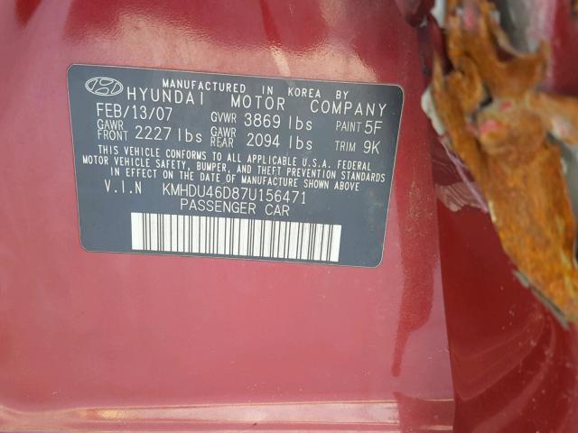 KMHDU46D87U156471 - 2007 HYUNDAI ELANTRA GL RED photo 10