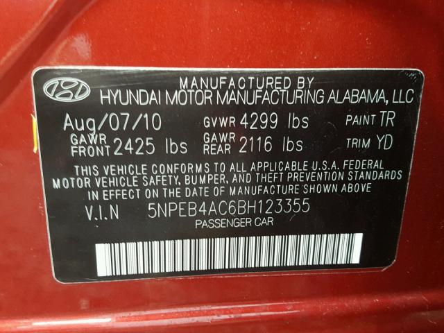 5NPEB4AC6BH123355 - 2011 HYUNDAI SONATA GLS RED photo 10