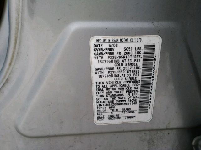 JN8AZ08W06W544348 - 2006 NISSAN MURANO SL SILVER photo 10