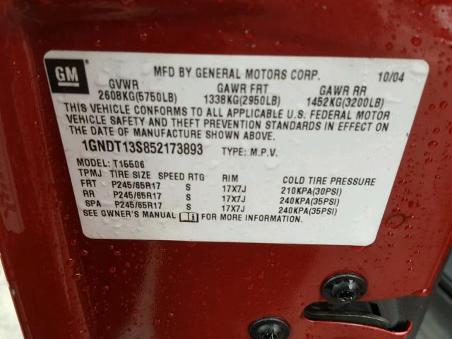 1GNDT13S852173893 - 2005 CHEVROLET TRAILBLAZE RED photo 10