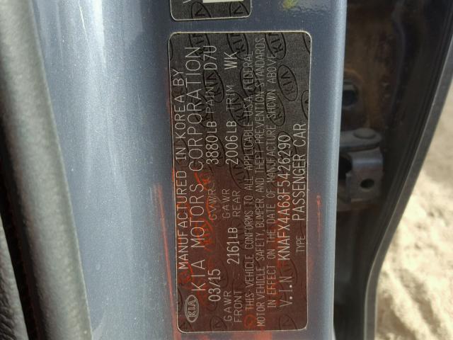 KNAFX4A63F5426290 - 2015 KIA FORTE LX GRAY photo 10