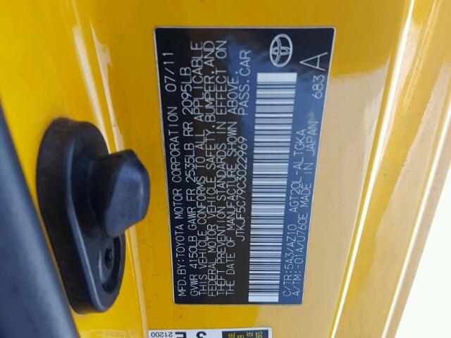 JTKJF5C79C3022969 - 2012 TOYOTA SCION TC YELLOW photo 10