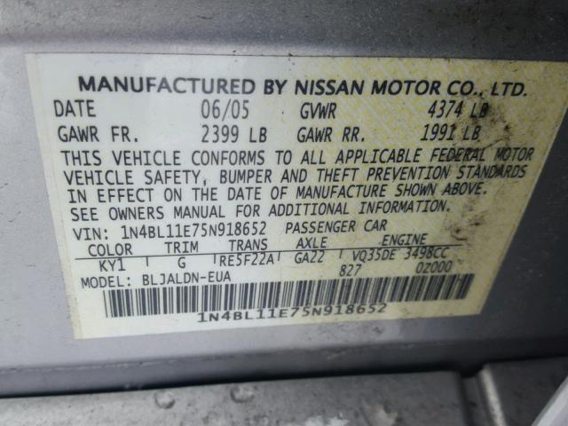 1N4BL11E75N918652 - 2005 NISSAN ALTIMA SE GRAY photo 10