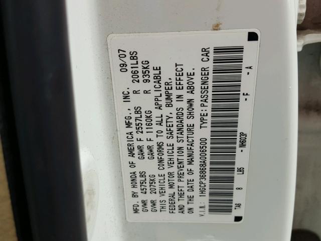 1HGCP36868A006500 - 2008 HONDA ACCORD EXL WHITE photo 10