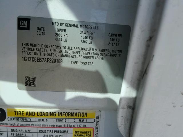 1G1ZC5EB7AF229109 - 2010 CHEVROLET MALIBU 1LT 白色 照片 10