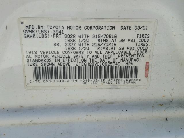 JTEGH20V010025749 - 2001 TOYOTA RAV4 WHITE photo 10