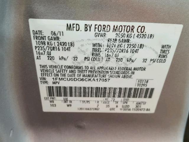 1FMCU0DG6CKA17057 - 2012 FORD ESCAPE XLT SILVER photo 10