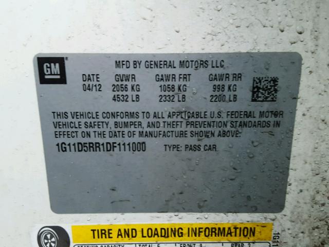 1G11D5RR1DF111000 - 2013 CHEVROLET MALIBU 1LT 白色 照片 10