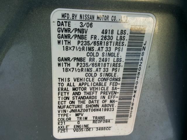 JN8AZ08T06W419923 - 2006 NISSAN MURANO SL GRAY photo 10