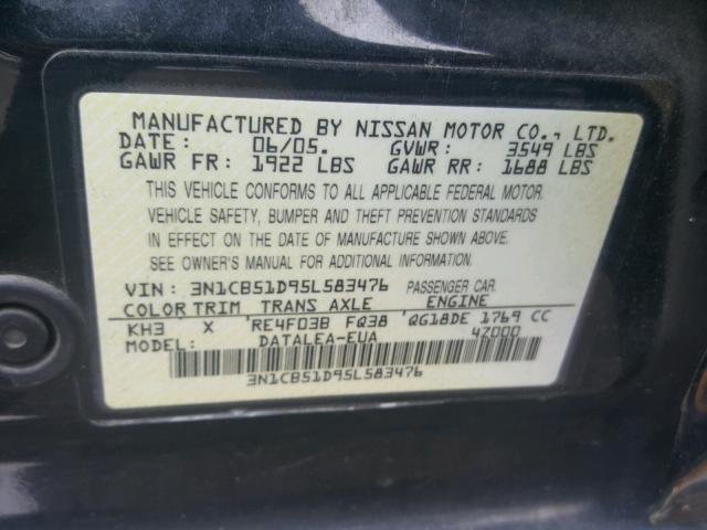 3N1CB51D95L583476 - 2005 NISSAN SENTRA 1.8 BLACK photo 10