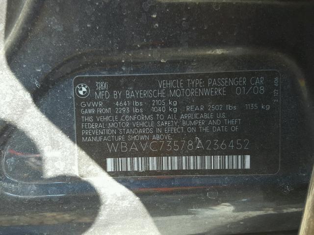 WBAVC73578A236452 - 2008 BMW 328 XI SUL GRAY photo 10