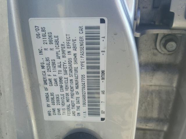 19UUA66277A047705 - 2007 ACURA TL SILVER photo 10