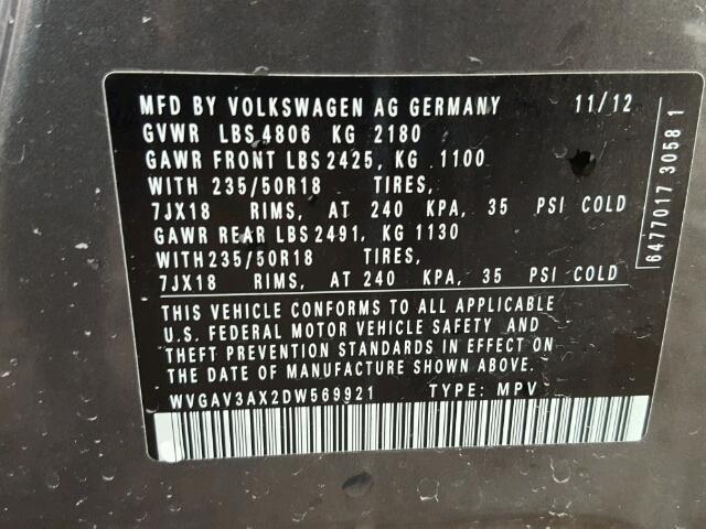 WVGAV3AX2DW569921 - 2013 VOLKSWAGEN TIGUAN S GRAY photo 10
