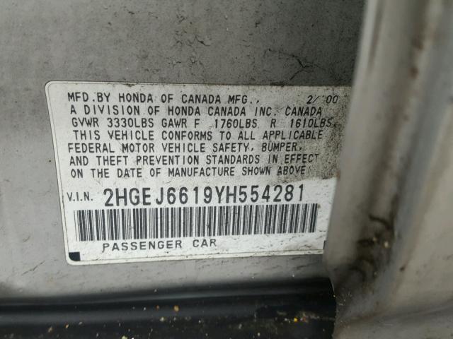 2HGEJ6619YH554281 - 2000 HONDA CIVIC BASE SILVER photo 10