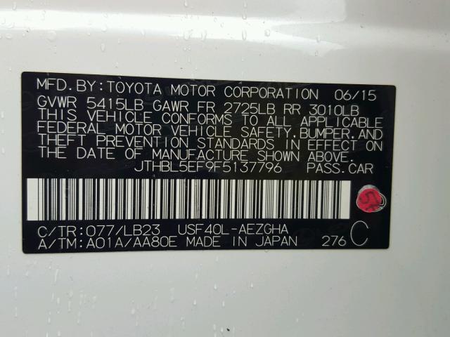 JTHBL5EF9F5137796 - 2015 LEXUS LS 460 WHITE photo 10