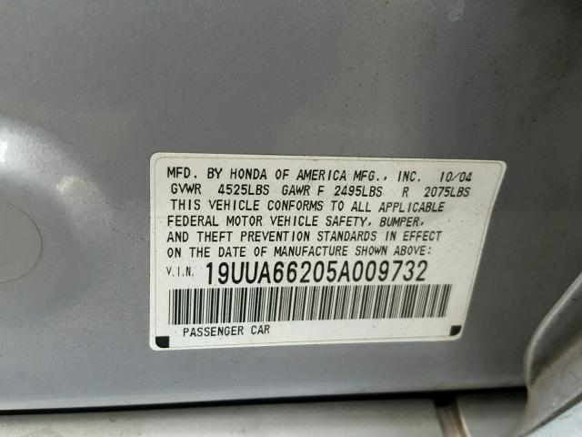 19UUA66205A009732 - 2005 ACURA TL SILVER photo 10