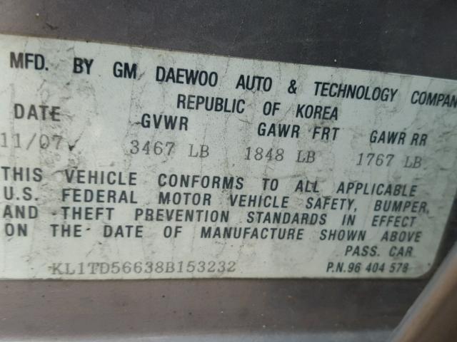 KL1TD56638B153232 - 2008 CHEVROLET AVEO BASE Boz foto 10