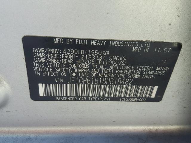 JF1GH61618H818482 - 2008 SUBARU IMPREZA 2. SILVER photo 10