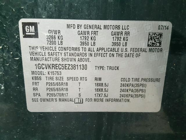 1GCVKREC5EZ381130 - 2014 CHEVROLET SILVERADO GREEN photo 10