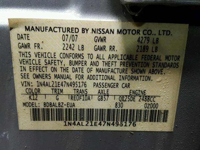 1N4AL21E47N495176 - 2007 NISSAN ALTIMA 2.5 SILVER photo 10