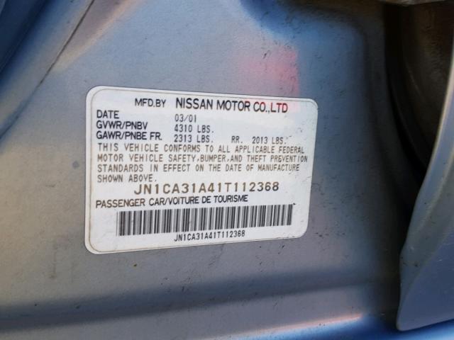 JN1CA31A41T112368 - 2001 NISSAN MAXIMA GXE BLUE photo 10