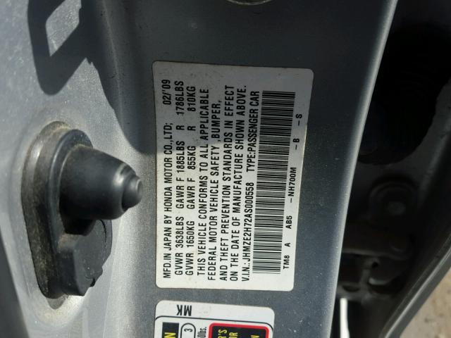 JHMZE2H72AS000558 - 2010 HONDA INSIGHT EX SILVER photo 10