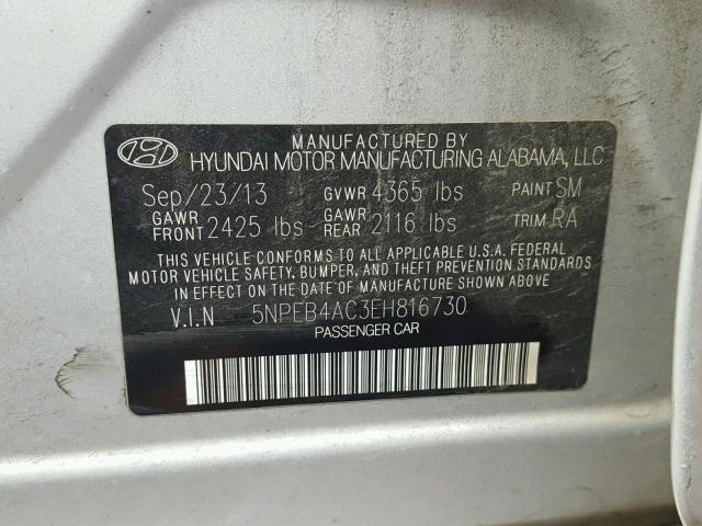 5NPEB4AC3EH816730 - 2014 HYUNDAI SONATA GLS SILVER photo 10