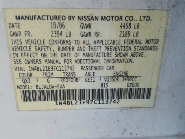 1N4BL21E97C113742 - 2007 NISSAN ALTIMA 3.5 WHITE photo 10