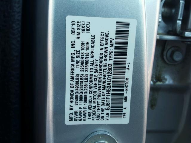 5J6TF1H53AL012803 - 2010 HONDA ACCORD CRO SILVER photo 10