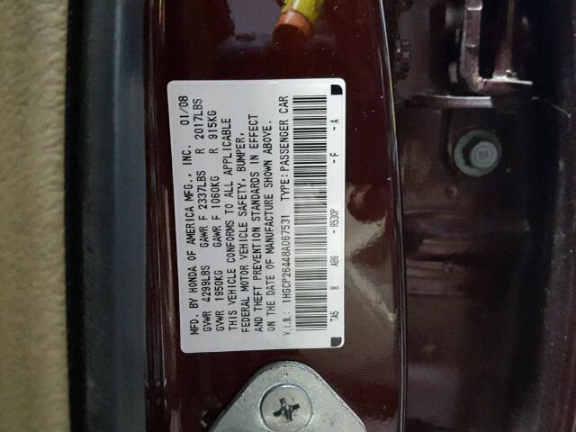 1HGCP26448A067531 - 2008 HONDA ACCORD LXP MAROON photo 10