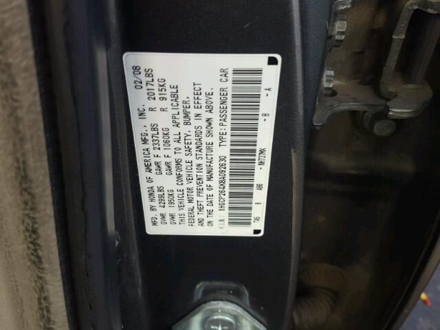 1HGCP264X8A092630 - 2008 HONDA ACCORD LXP GRAY photo 10