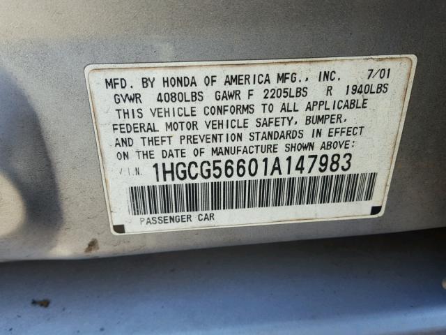 1HGCG56601A147983 - 2001 HONDA ACCORD EX SILVER photo 10