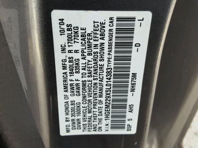 1HGEM229X5L014383 - 2005 HONDA CIVIC EX ნაცრისფერი ფოტო 10