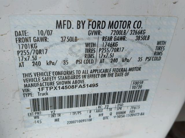 1FTPX14508FA51495 - 2008 FORD F150 WHITE photo 10