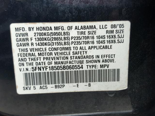 5FNYF18505B060554 - 2005 HONDA PILOT EXL BLACK photo 10