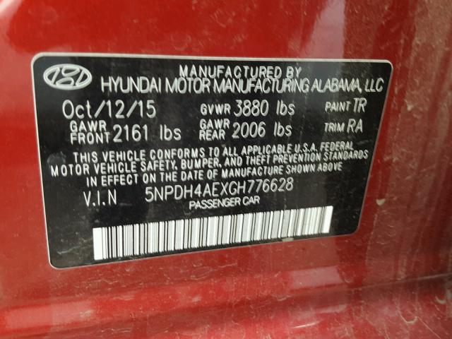 5NPDH4AEXGH776628 - 2016 HYUNDAI ELANTRA SE RED photo 10