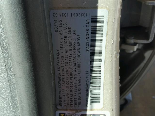 WVWPD63BX4P253617 - 2004 VOLKSWAGEN PASSAT GLS BEIGE photo 10