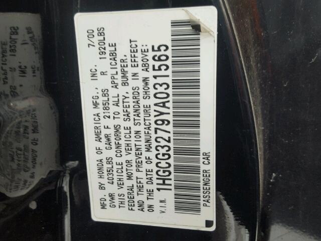 1HGCG3279YA031565 - 2000 HONDA ACCORD EX BLACK photo 10