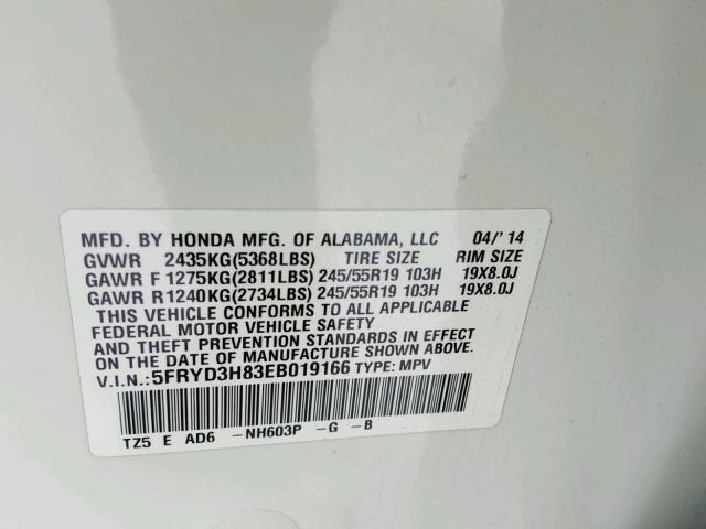 5FRYD3H83EB019166 - 2014 ACURA MDX ADVANC WHITE photo 10