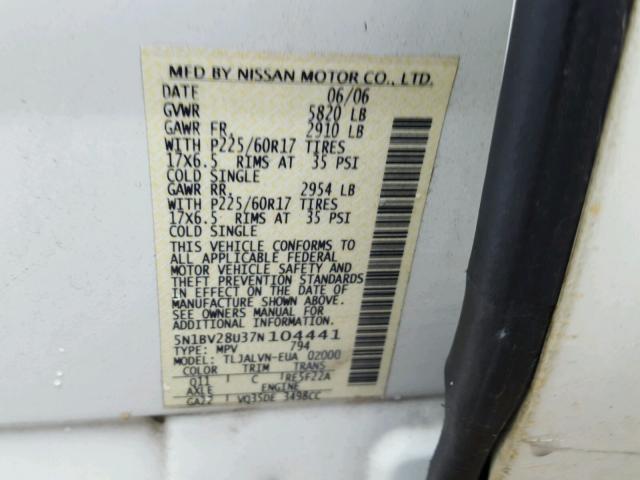 5N1BV28U37N104441 - 2007 NISSAN QUEST S WHITE photo 10