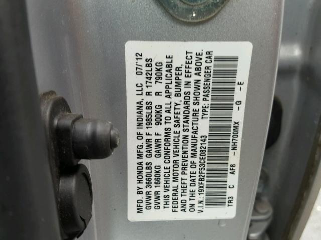 19XFB2F53CE082143 - 2012 HONDA CIVIC LX SILVER photo 10