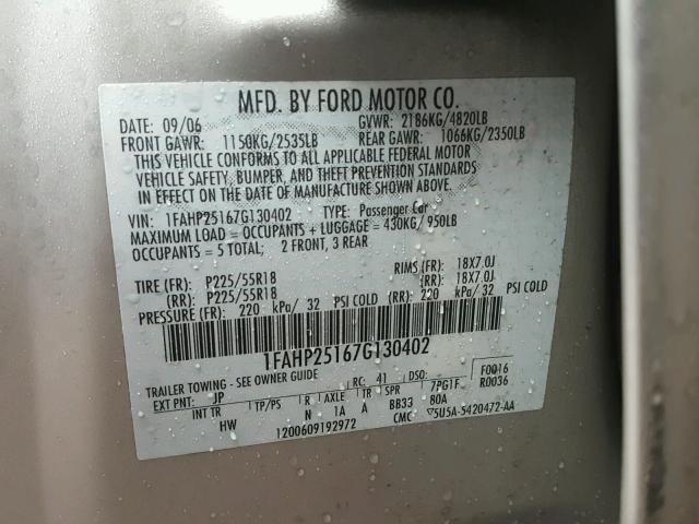 1FAHP25167G130402 - 2007 FORD FIVE HUNDR SILVER photo 10